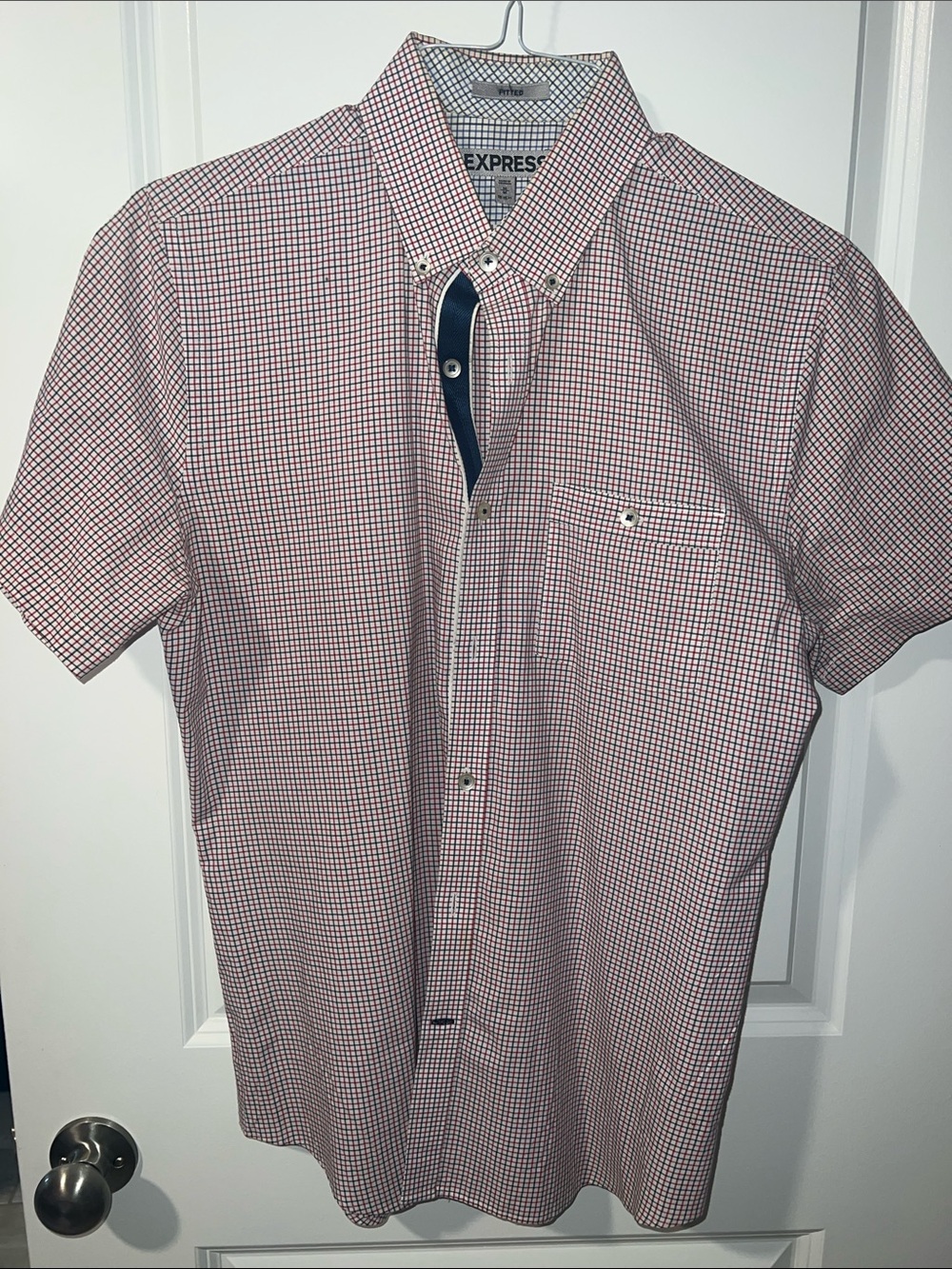Express Short Sleeve Button-Down Shirt in Red and White Micro-Check